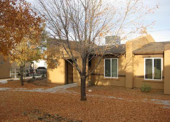 A tree with orange leaves in front of a tan house.