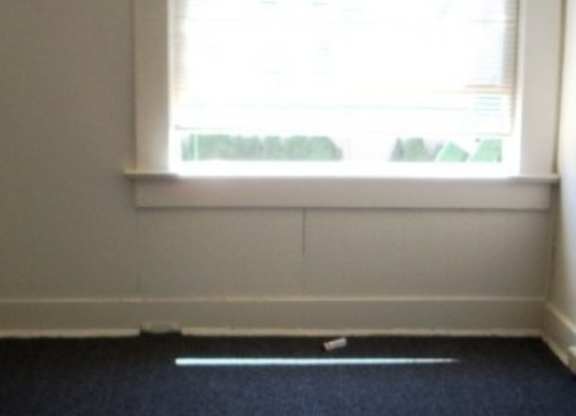 A room with a window and a blue carpet.