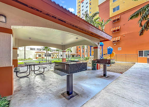 A covered picnic area with a grill and tables