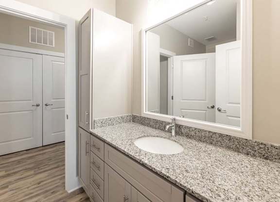 A bathroom with a sink, mirror, and wooden floors at Foxwood Apartments, Raleigh-Durham, North Carolina