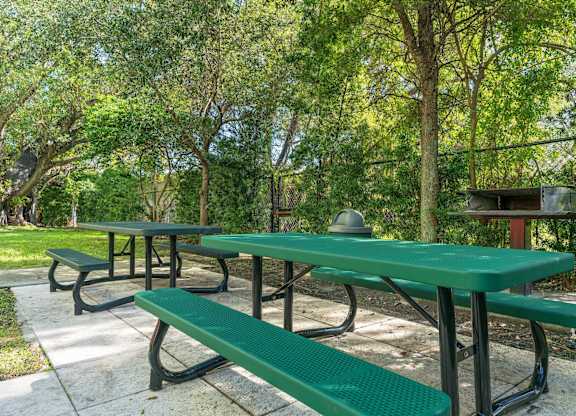 Picnic tables and benches are set up in a park.
