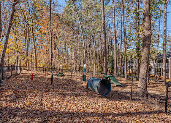 A playground with a green slide and a red fire hydrant in a wooded area.