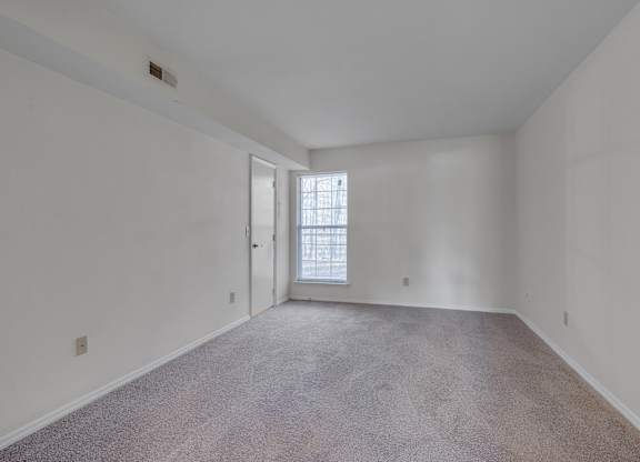A room with a carpeted floor and a window with a white frame.