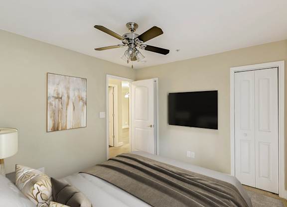 Bedroom With Ceiling Fan at Brandemere Apartment Homes, North Carolina