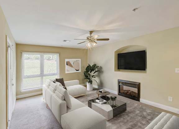 Living Area With Fireplace at Brandemere Apartment Homes, Winston Salem, NC, 27106