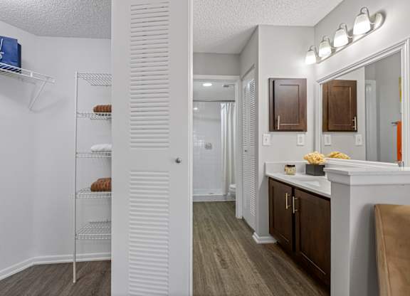 a large closet near a bathroom with brown cabinets