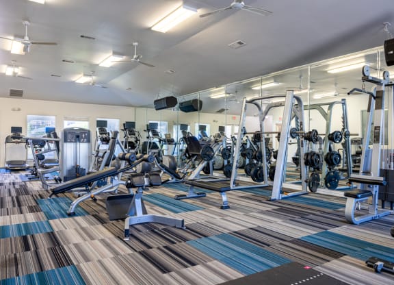 Fitness center with weights and treadmills