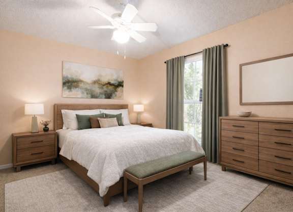 A bedroom with a bed, nightstands, and a painting on the wall.
