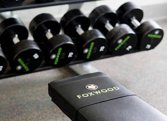 A black weight rack with green numbers and a black weight plate with a green number 2 at Foxwood Apartments, Raleigh-Durham, 27616