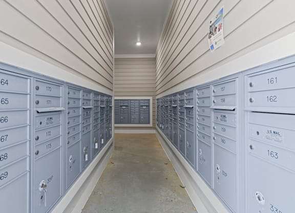 A long row of mailboxes numbered from 161 to 169 at Litchford 315 Apartments, Raleigh, North Carolina