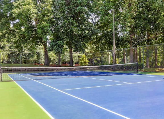 A blue tennis court surrounded by trees at Madison Southpark Apartment Homes, Charlotte, North Carolina