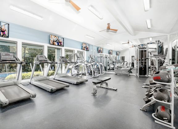 A gym with treadmills, weights, and exercise equipment at Madison Southpark Apartment Homes, Charlotte, North Carolina