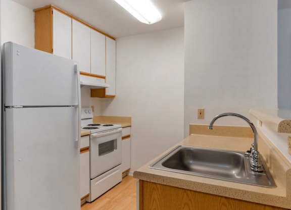 Kitchen with Blonde Cabinets Tan Counters and White Appliances