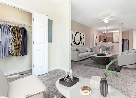 staged living room with carpeted flooring and ceiling fan at Ashley Court Apartments, Charlotte, NC, 28262
