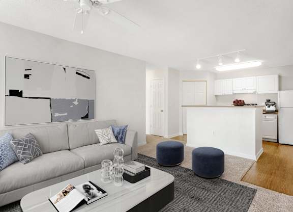 Living Room With Kitchen View at The Grayson Apartment Homes, North Carolina