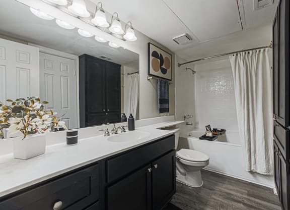 bathroom with black cabinetry and hardwood-style flooring