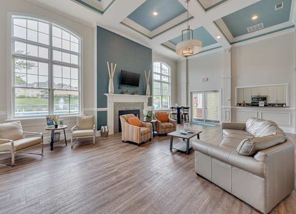 Clubhouse interior with fireplace.