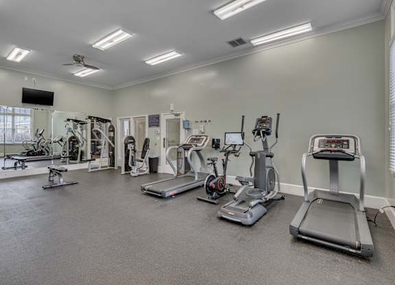 A spacious gym with a variety of cardio equipment.
