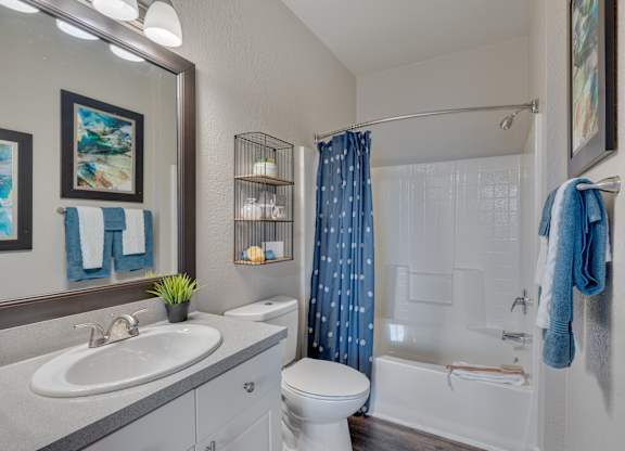 A bathroom with a white toilet, sink, and shower.