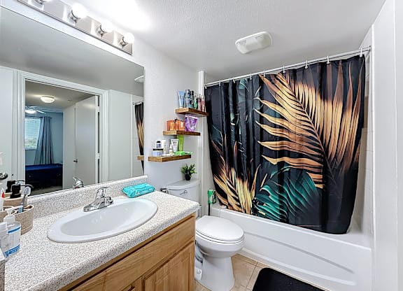 A bathroom with a sink, toilet, and shower curtain.