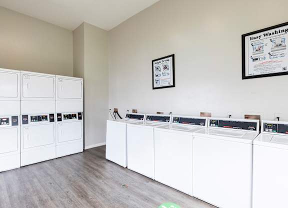 A laundry room with washers and dryers lined up.
