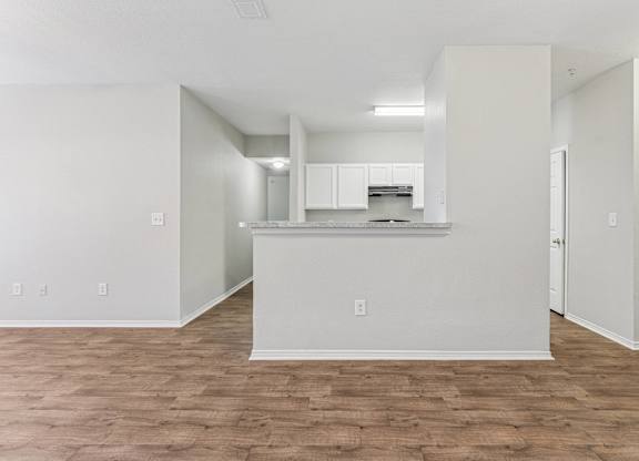 A kitchen area with a countertop and cabinets.
