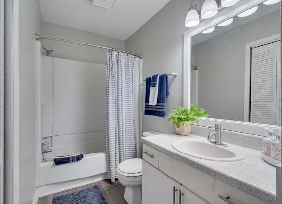 A bathroom with a white toilet, sink, and shower.