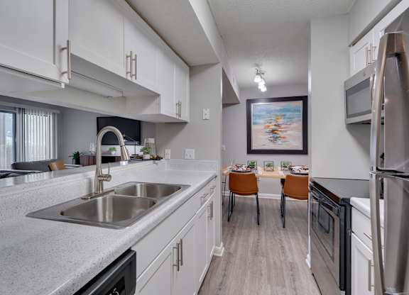 A modern kitchen with white cabinets and stainless steel appliances.
