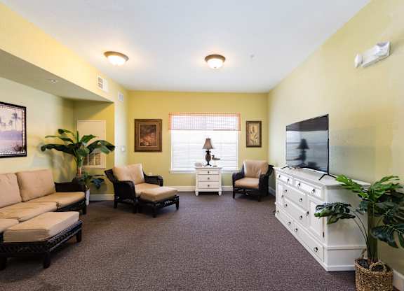 A living room with a grey carpet and furniture.