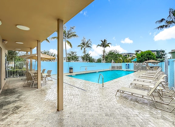 A pool area with sun loungers and a clear blue sky.