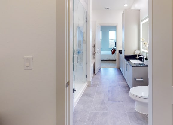Interior of bathroom facing stand-in shower and sink from the closet