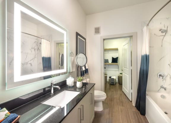 Bathroom area facing sink, back-lit mirror, and bathtub.
