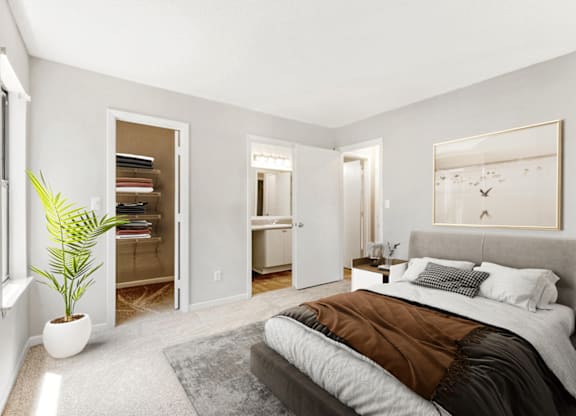 A bedroom with a large bed and a plant in a white pot at Paces Pointe Apartment Homes, Matthews, 28105