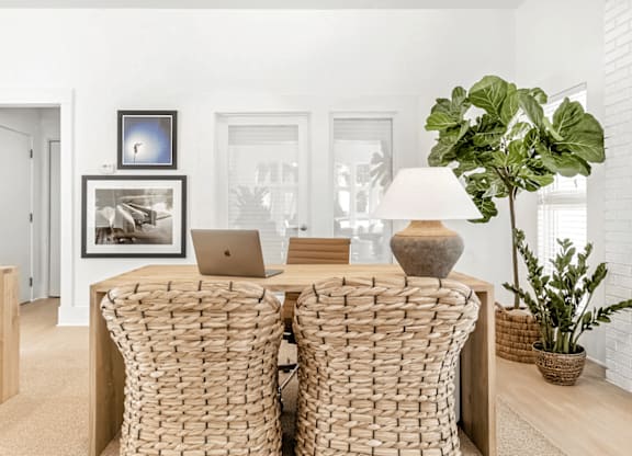 Two wicker chairs are in front of a white wall with a framed picture and a laptop on the table at Paces Pointe Apartment Homes, North Carolina