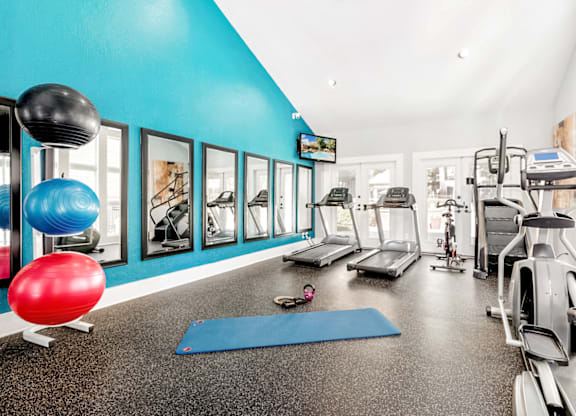 A gym with a blue wall and a red ball at Paces Pointe Apartment Homes, Matthews
