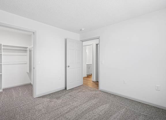 A carpeted room with a door and a closet.