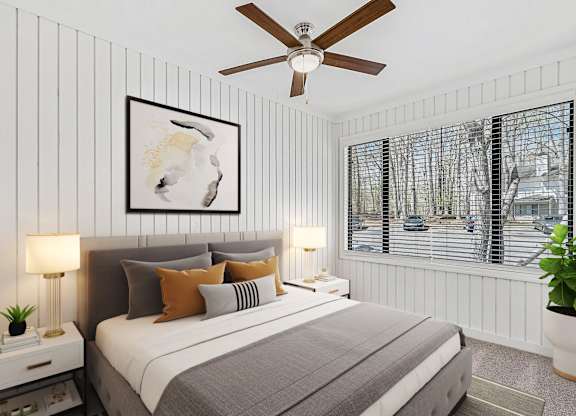 Bedroom With Ceiling Fan at Woodlyn on the Green Apartment Homes, Cary, NC