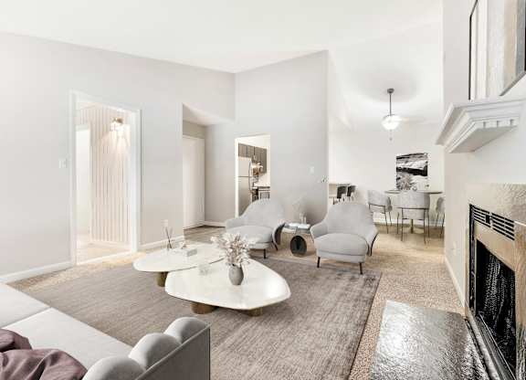 Living Room With Kitchen View at Woodlyn on the Green Apartment Homes, Cary, 27513