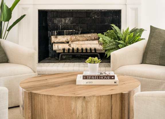 Living Area With Fireplace at Woodlyn on the Green Apartment Homes, Cary, NC