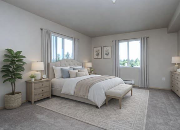 A bedroom with a large bed, a nightstand, and a plant.