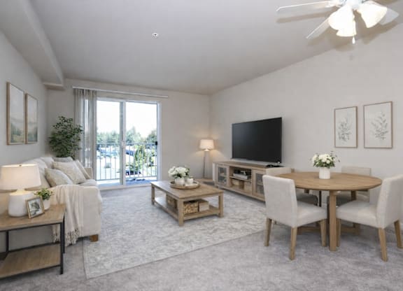 A living room with a television, a couch, a coffee table, and a dining table.