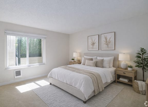 A bedroom with a large bed and a window with blinds.