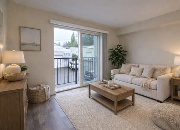 A living room with a white couch, a wooden coffee table, and a large window.