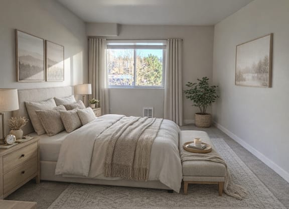 A bedroom with a large bed and a window overlooking a snowy landscape.