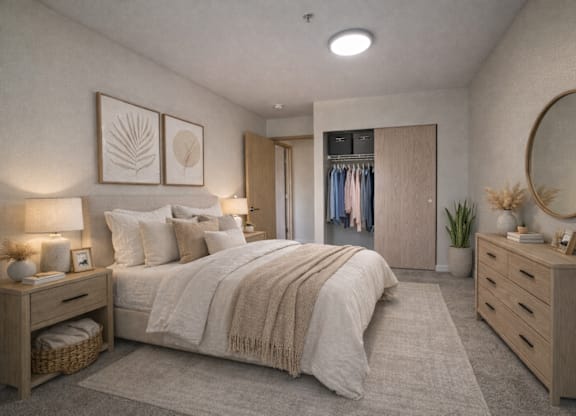 A well-lit bedroom with a large bed, a dresser, and a mirror.