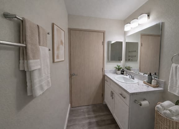 A bathroom with a sink, mirror, and towel rack.