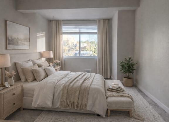 A bedroom with a large bed and a window with curtains.