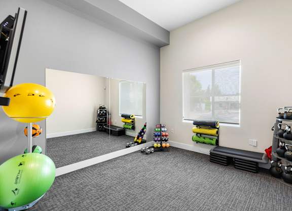 Carpeted Fitness Room with Exercise Balls and Mirrored Wall at Arabella Apartment Homes, Shoreline, Washington 98155