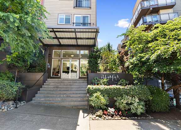 Property Entrance stairs with bushes surrounding the front of it  at Illumina Apartment Homes, WA 98102