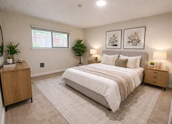 A bedroom with a large bed, a wooden nightstand, and a window.